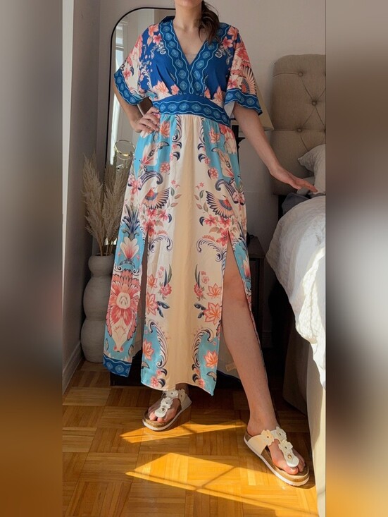 Cupshe Dresses & Skirts - Cupshe Blue, Cream And Coral Floral Maxi Dress with Slits